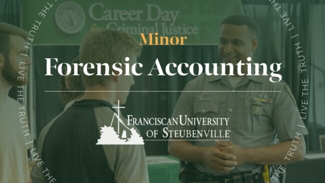Forensic Accounting minor graphic from Franciscan University of Steubenville showing a student speaking with a police officer.